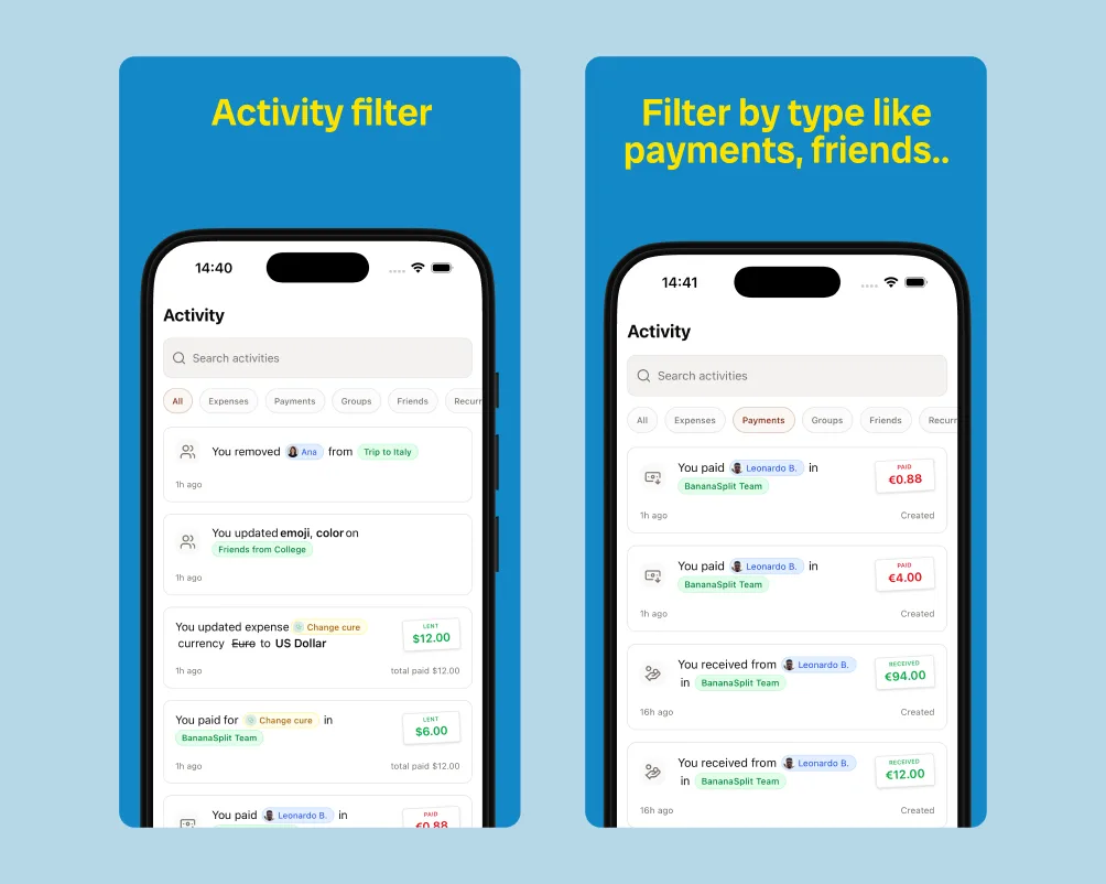 Activity screen showing quick filter tabs at the top for All, Expenses, Payments, Groups, Friends, and Recurring
