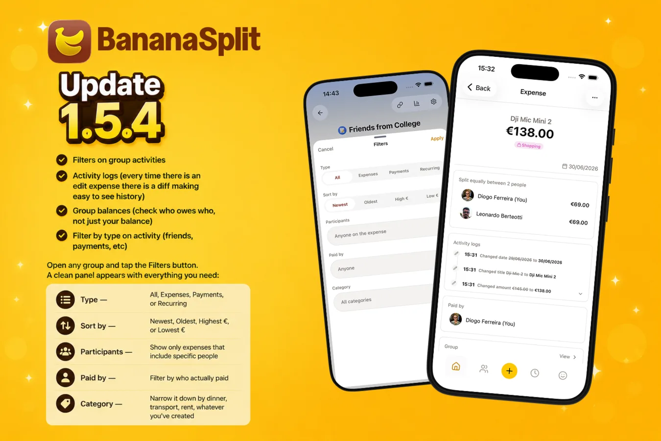 BananaSplit 1.5.4 update hero: vibrant yellow promo graphic with two iPhone mockups showing the new group activity filters panel and detailed expense activity logs, plus feature checklist for filters, sorting, balances, and activity transparency