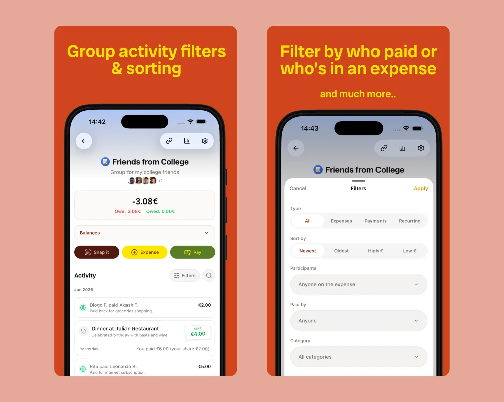 Filters panel showing type, sort by, participants, paid by, and category filter options