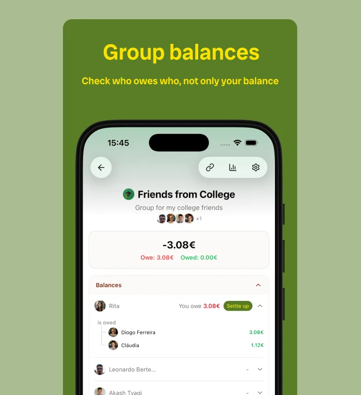 Group balances screen showing detailed breakdown of who owes whom to every member