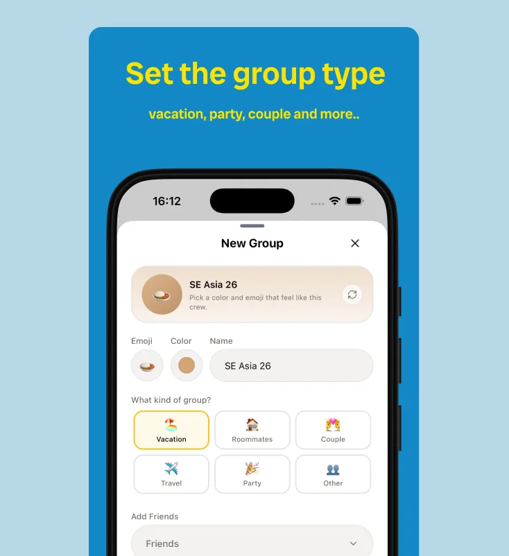 BananaSplit new group screen showing group type options for vacation, roommates, couple, travel, party, and other