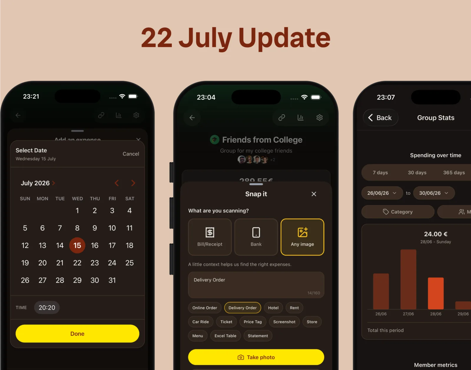 BananaSplit 22 July Update cover showing the calendar selector, Snap It, and spending metrics screens