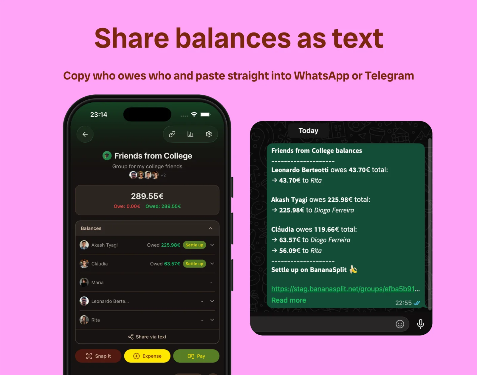 BananaSplit share balances as text for WhatsApp or Telegram