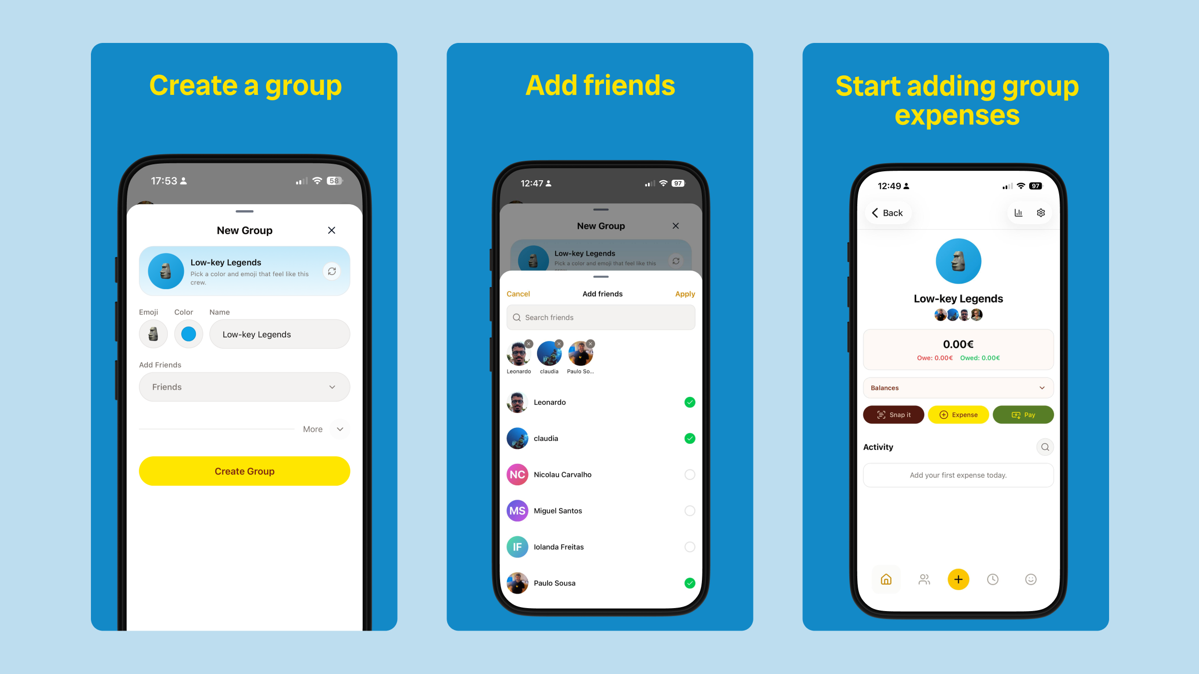 Create a group in BananaSplit, add friends, and start adding group expenses
