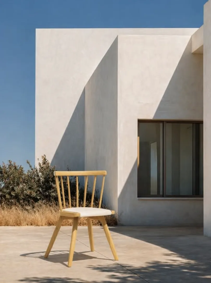 Wooden chair with a light seat on a terrace by a white facade