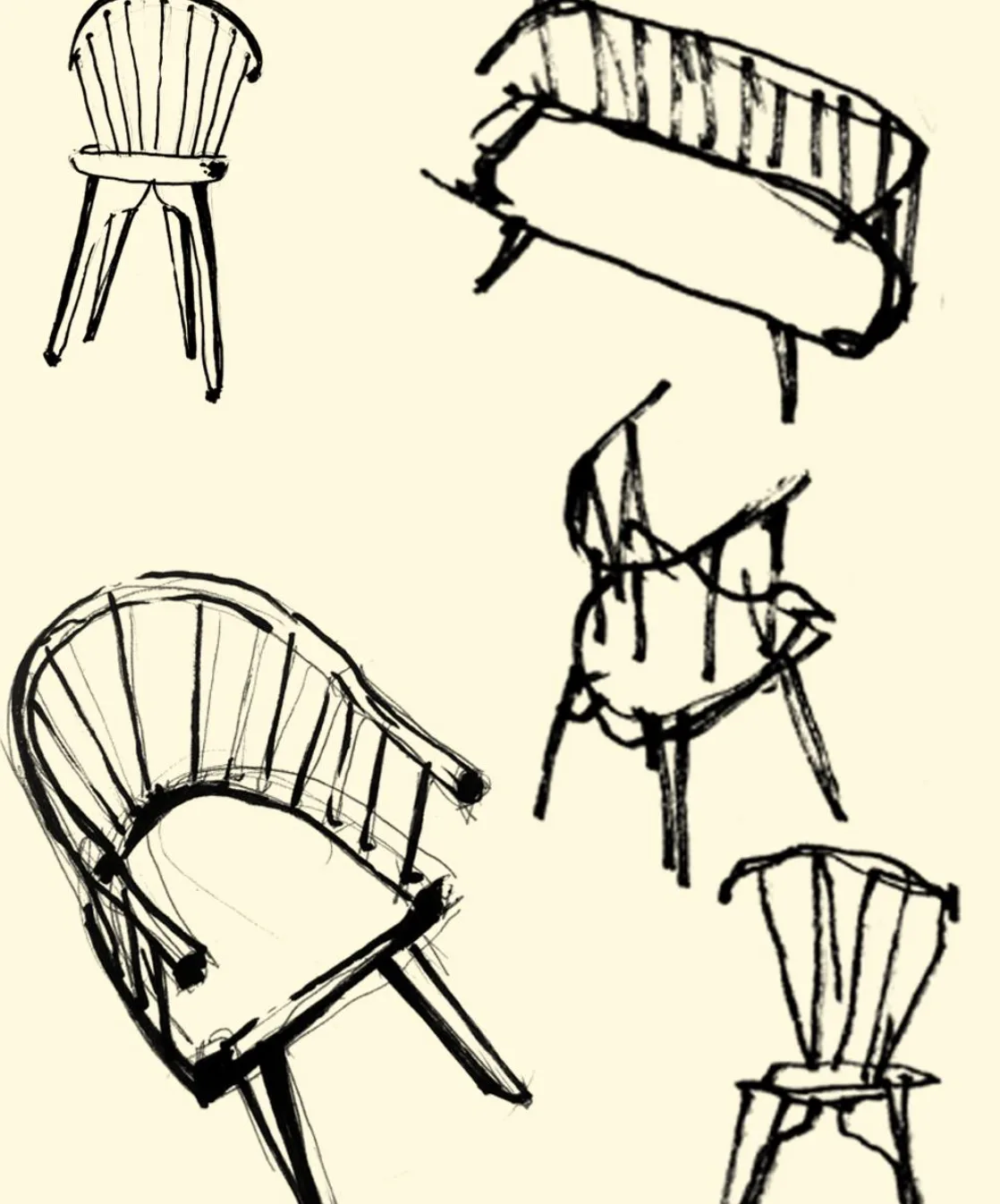 Black sketches of chairs and a bench on a light background