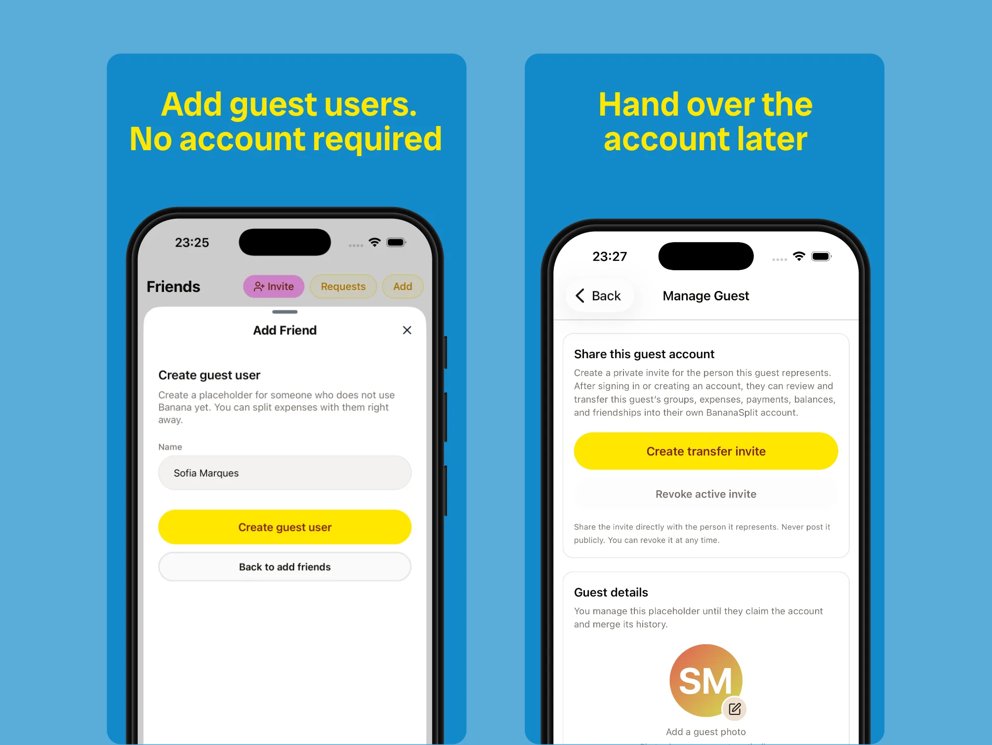 BananaSplit screens for creating a guest user without an account and transferring the full history later