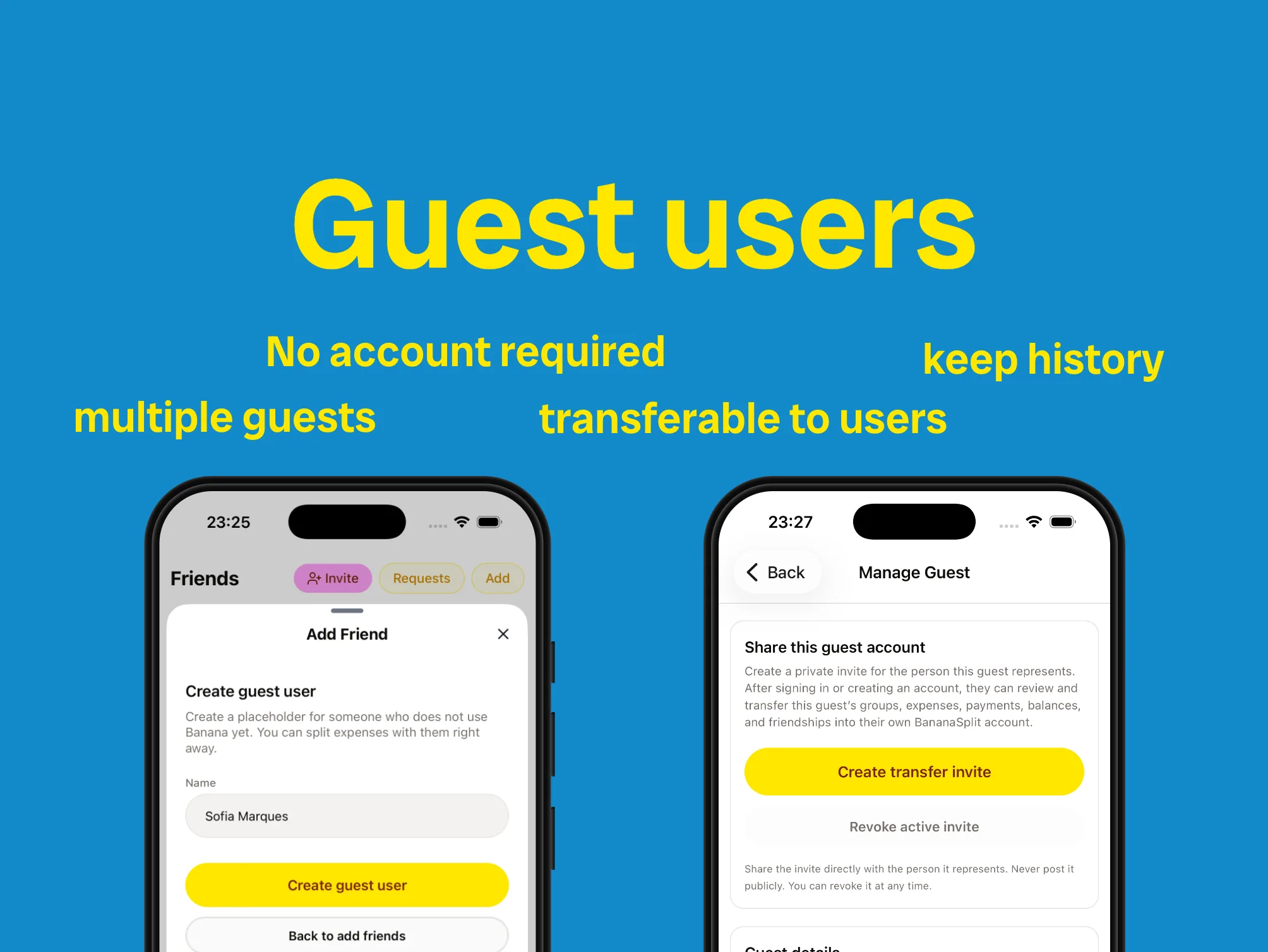 BananaSplit guest users feature showing how to add someone without an account and transfer their history later