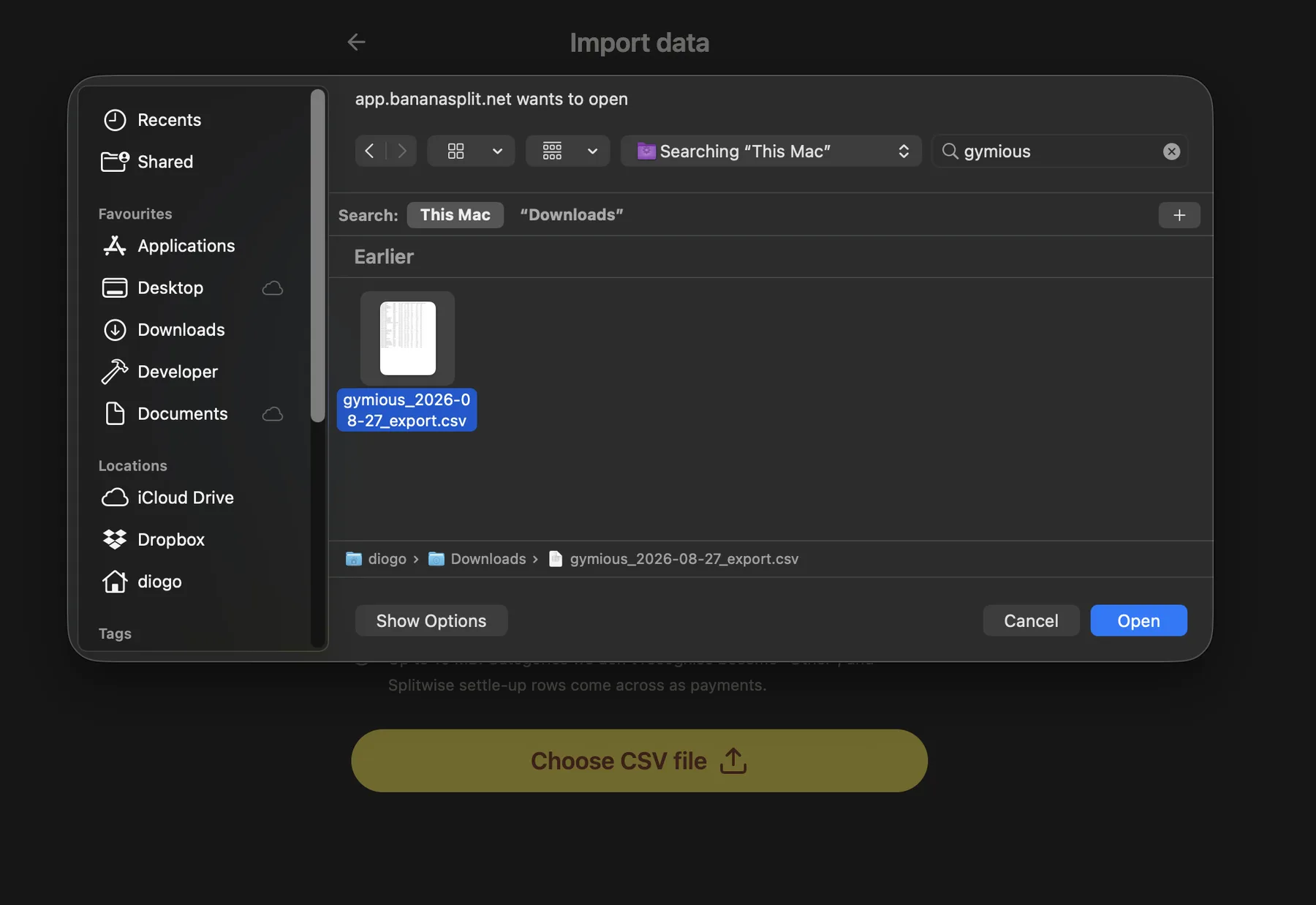macOS file picker selecting a Splitwise CSV export for BananaSplit import
