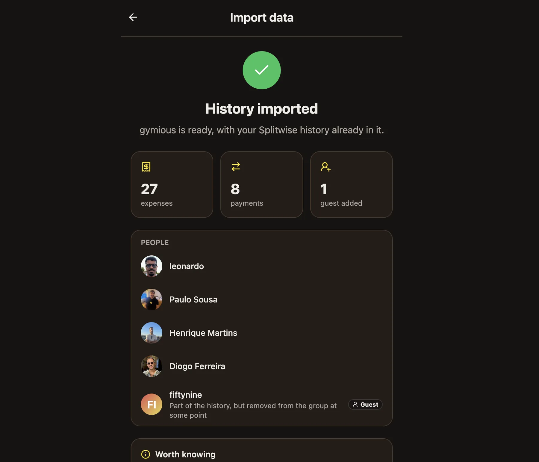 BananaSplit history imported screen showing expenses, payments, guests, and imported people