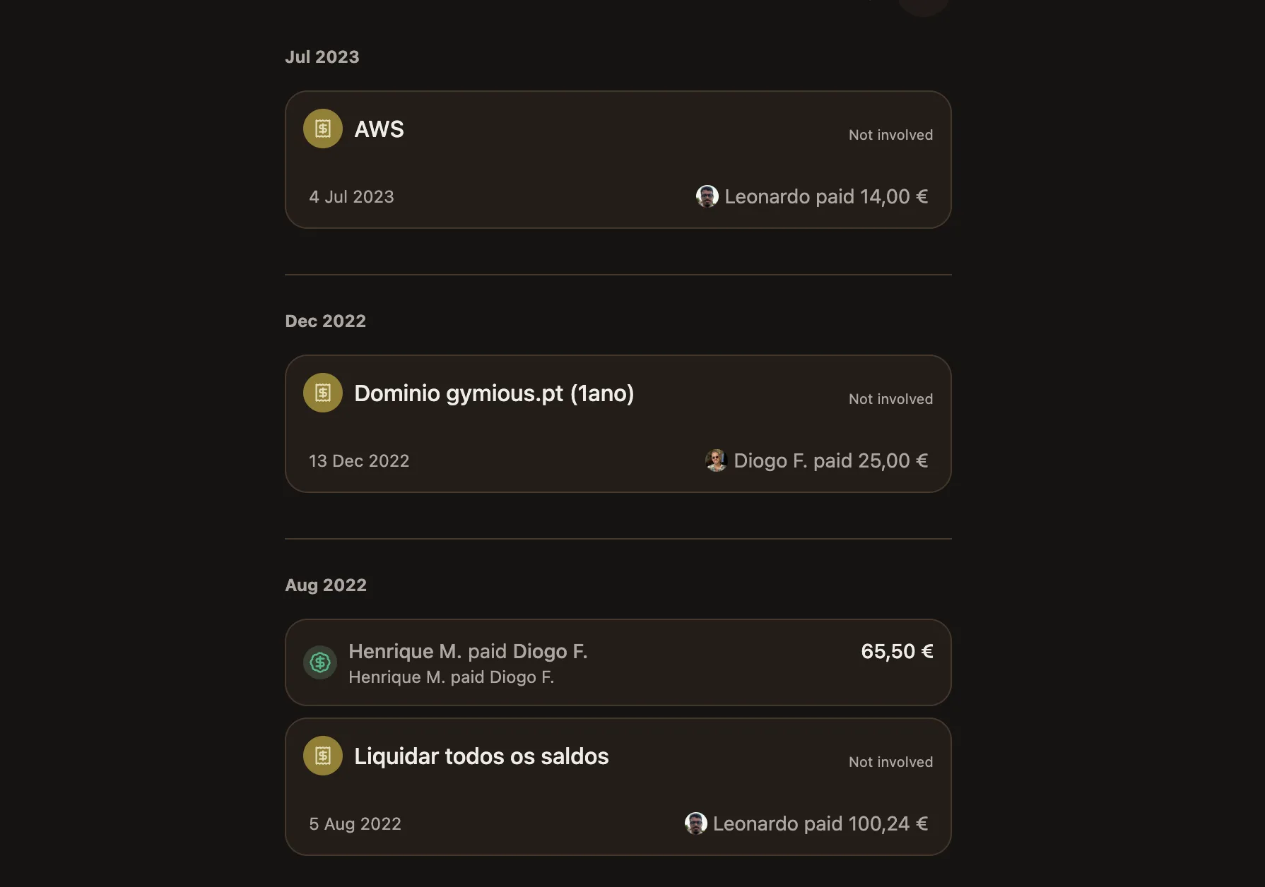 BananaSplit group activity showing imported Splitwise expenses and payments organized by month