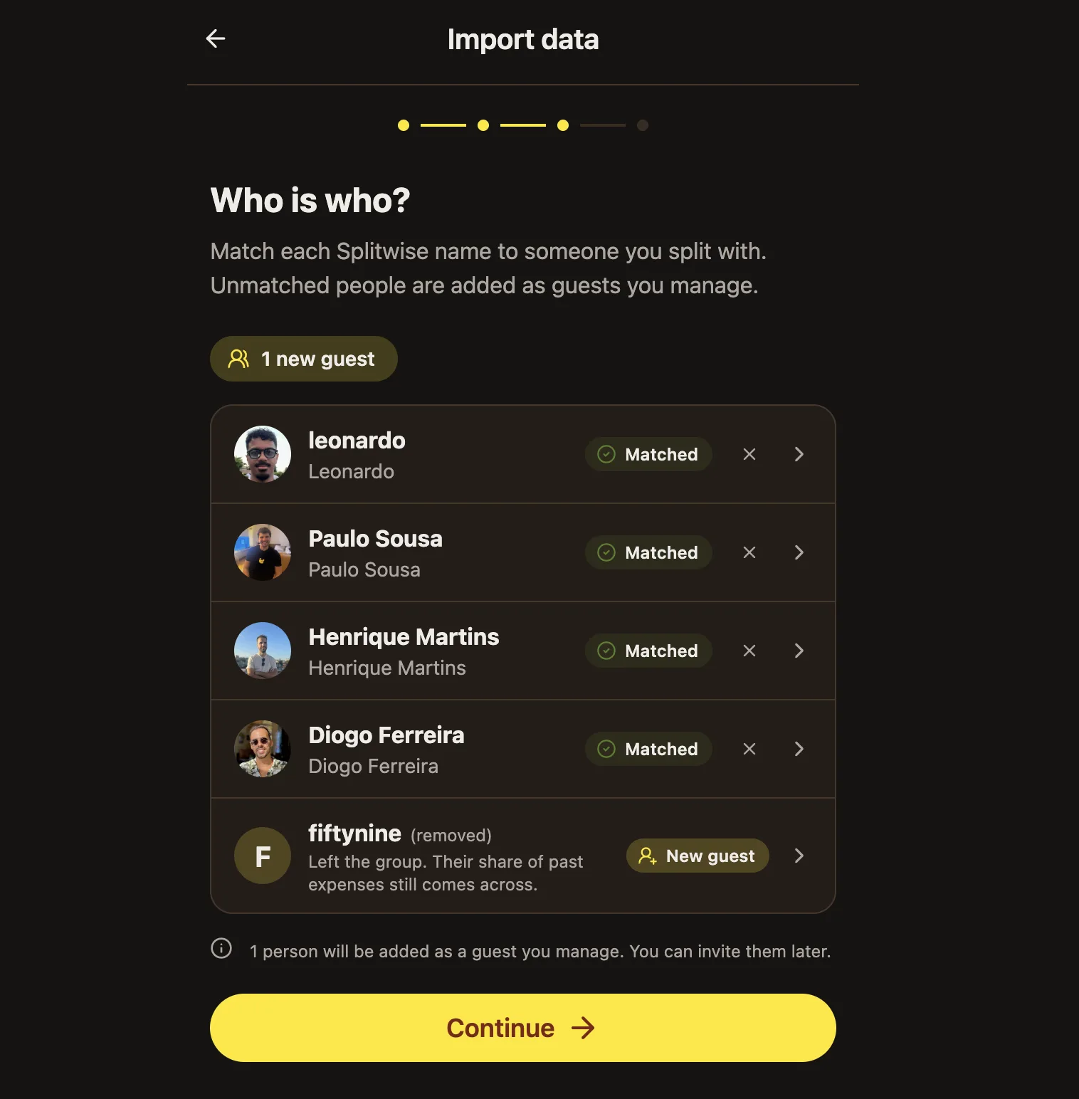 BananaSplit member matching for Splitwise import with matched members and one new guest