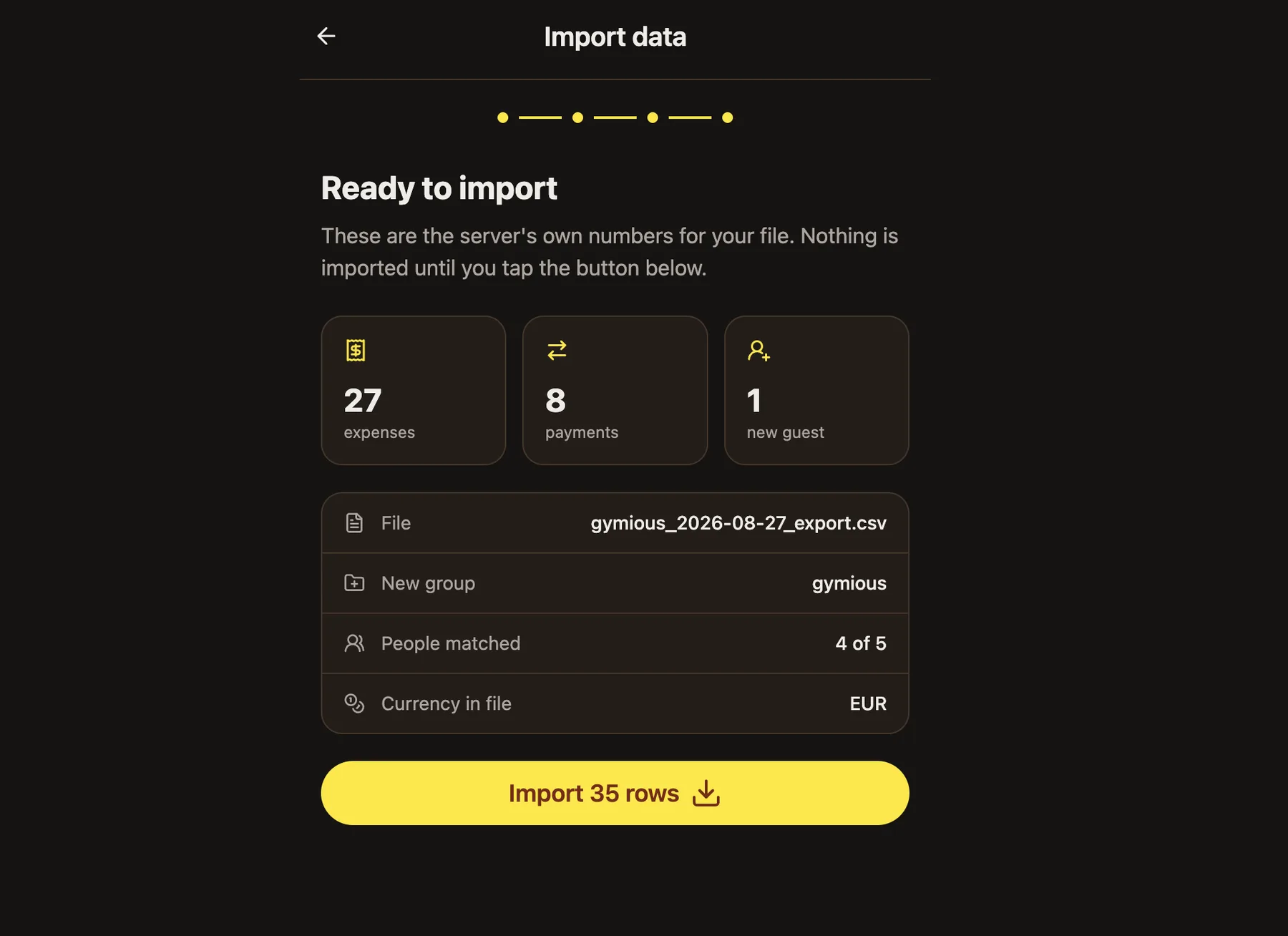 BananaSplit ready to import screen showing expenses, payments, one guest, the selected file, group, matched people, and currency