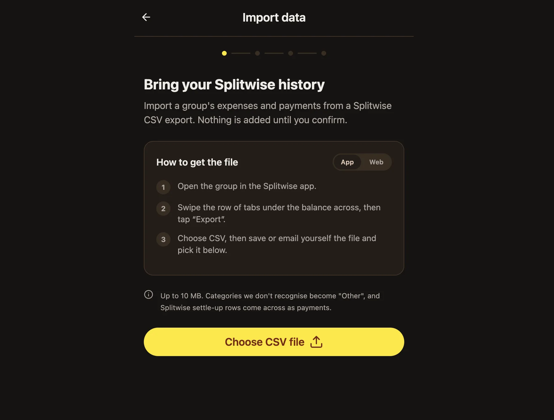 BananaSplit Import data screen with instructions for exporting a Splitwise CSV from the app or web