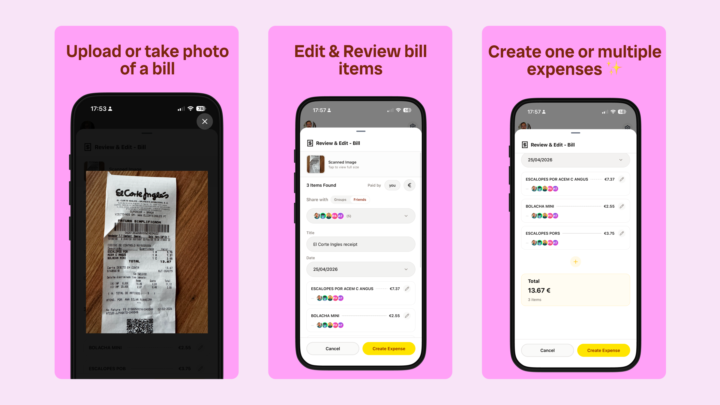 Scan a bill in BananaSplit, review the items, and create one or multiple expenses