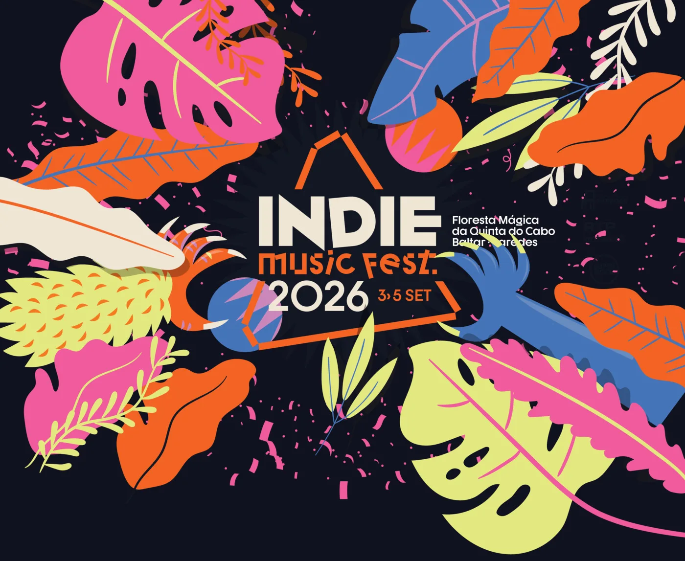 Colourful Indie Music Fest 2026 identity among tropical leaves